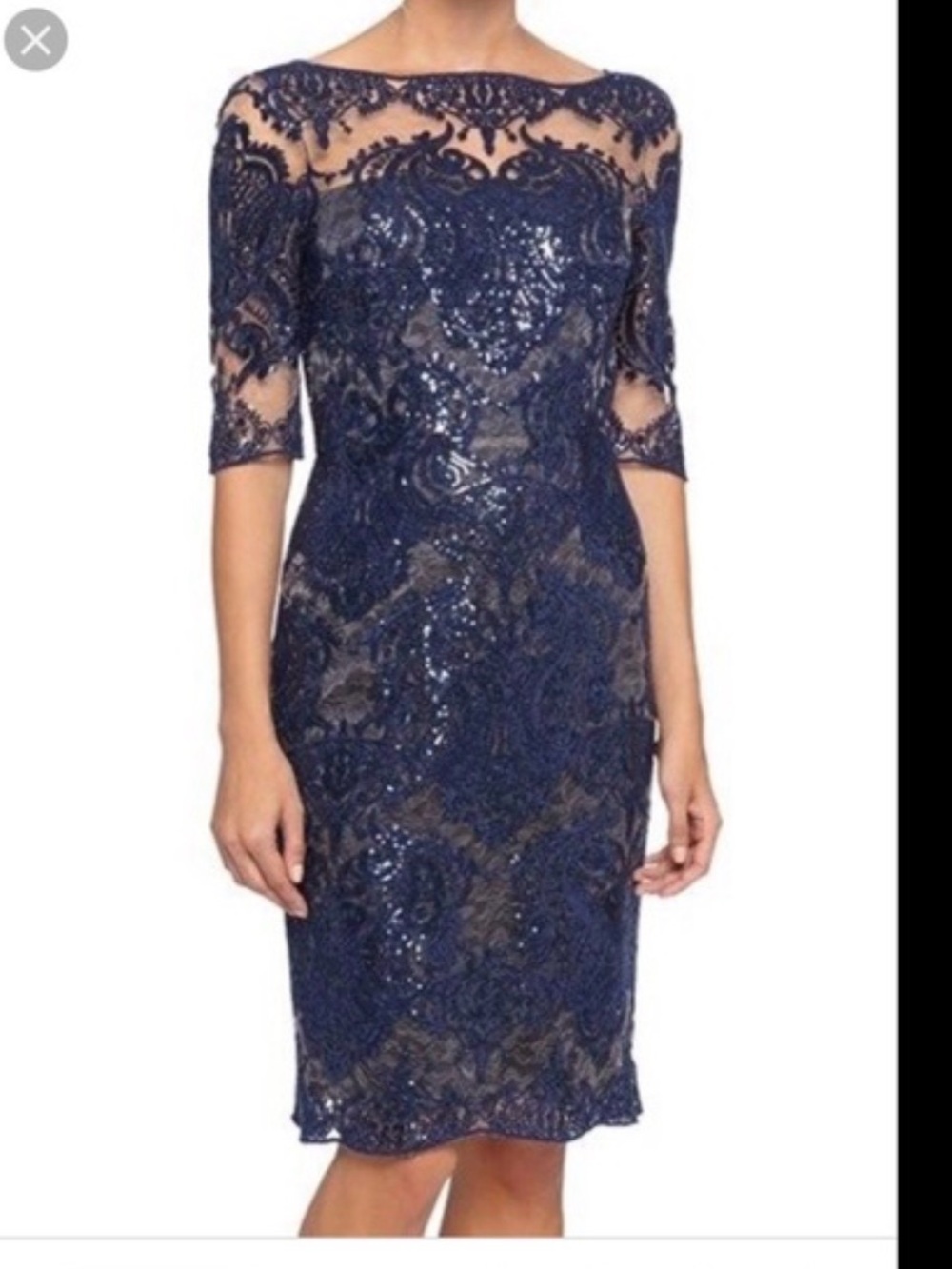 Tahari Navy Sequin Lace Illusion Midi Dress